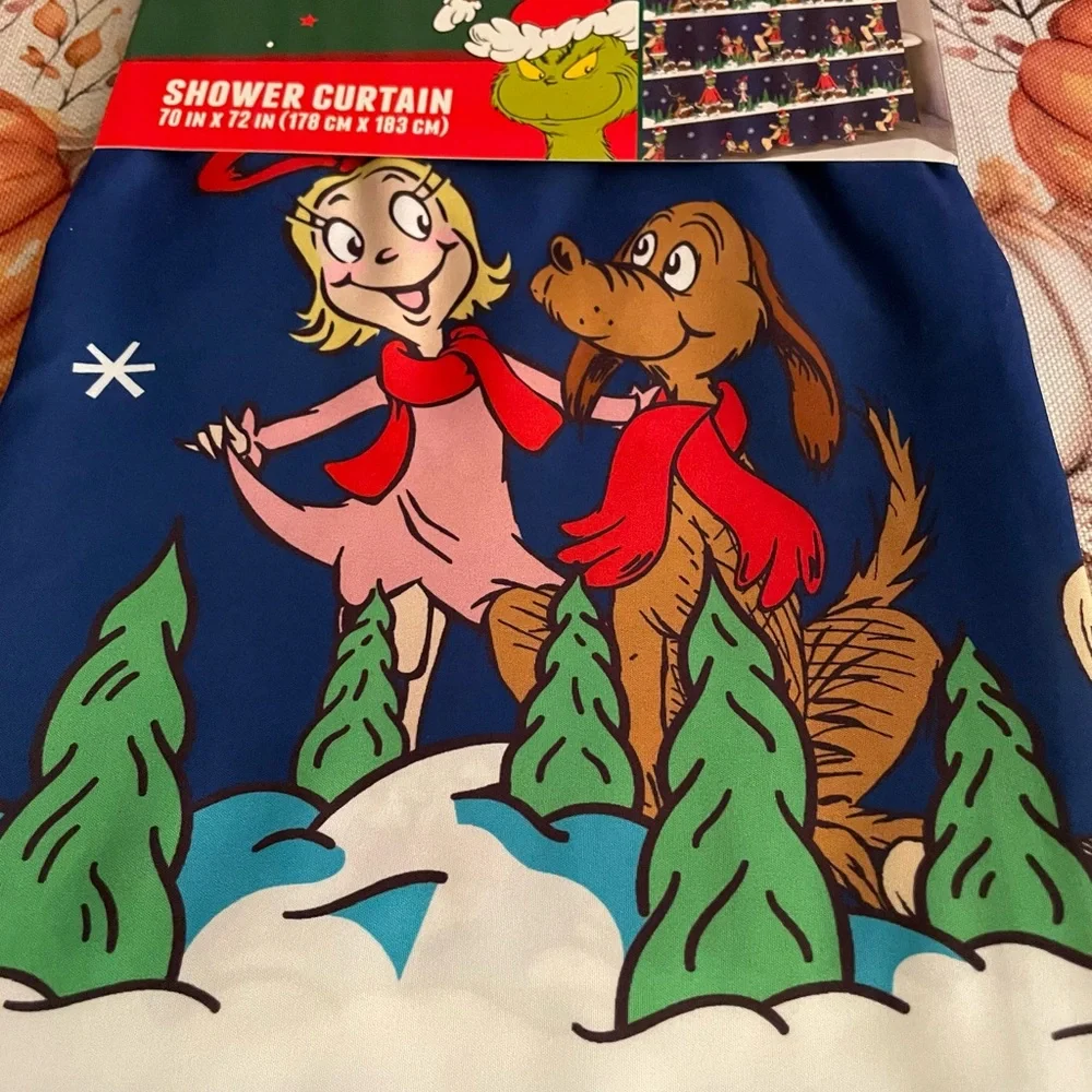 Grinch Christmas shower curtain with Cindy Lou and max with the grinch